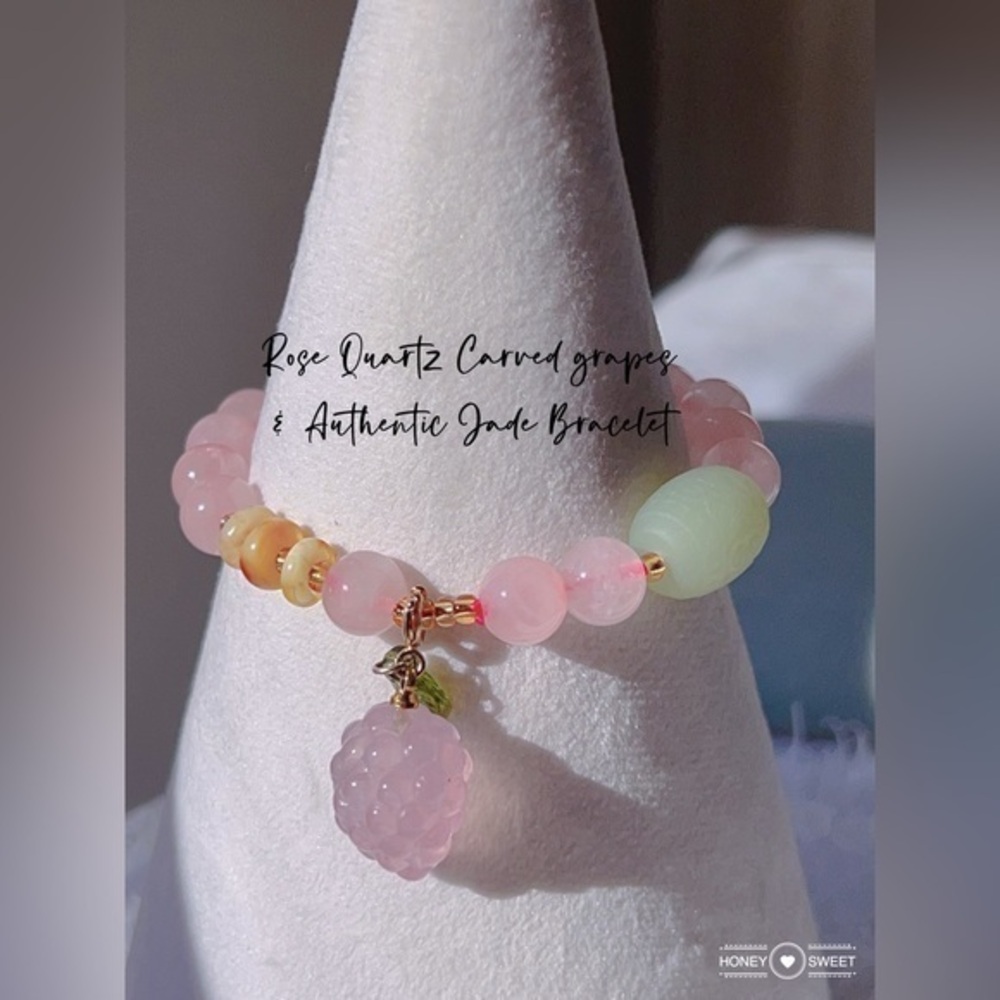 Authentic Jade & Rose Quartz carved Grapes Bracelet C